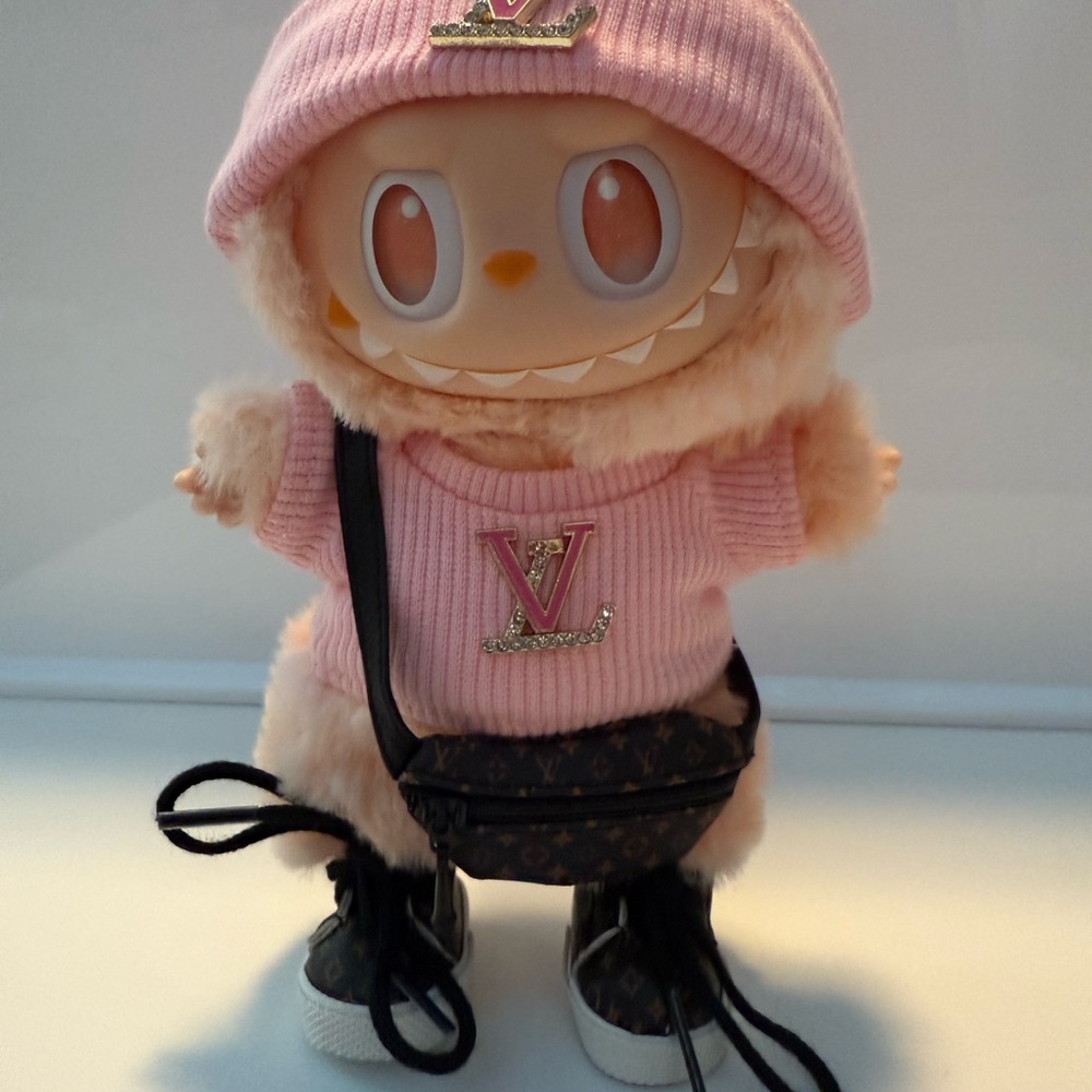 Labubu pink outfit with pouch and sneakers (no doll) dark brown.